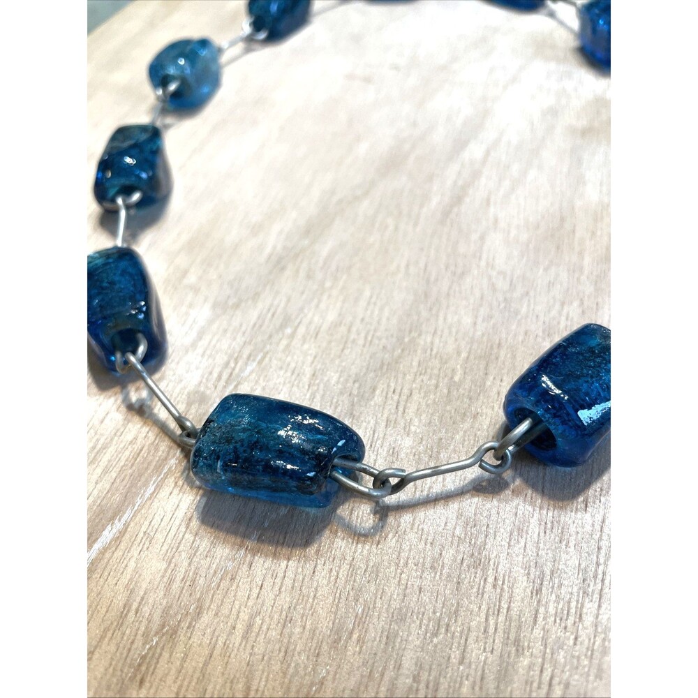 Chunky Blue Glass Bead Necklace Handmade Artisan Eclectic Artsy Bold Statement